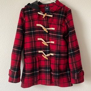 GAP Red & Black Plaid Toggle Hooded Coat